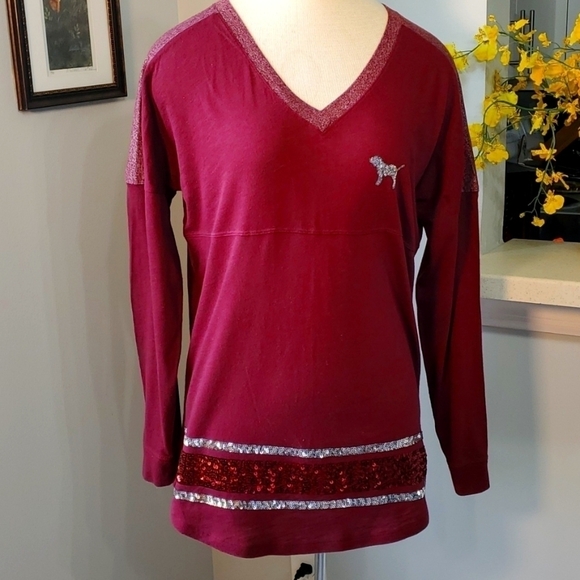 PINK VICTORIA SECRETS, long sleeves burgundy tee with sequins. Size small petite - Picture 1 of 8